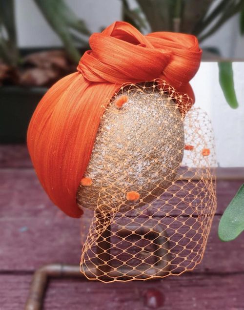 Orange silk crinkle headband with fishnet