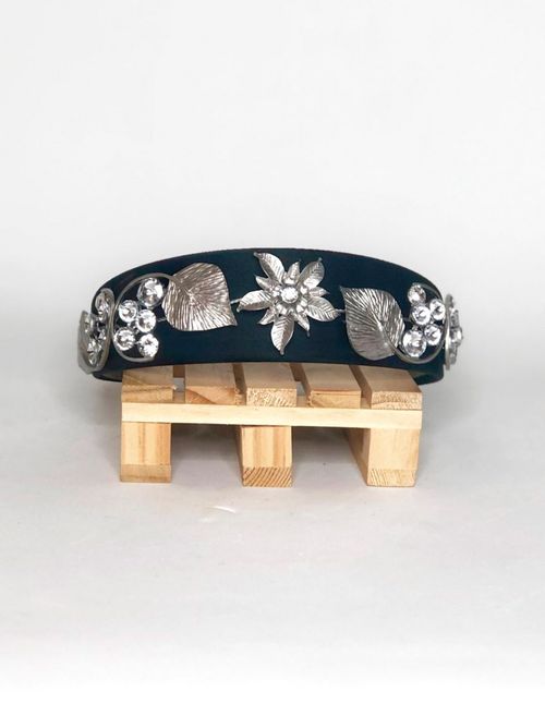 Satin headband with brass flower and leaf design