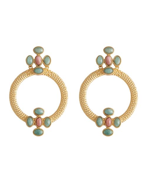 Golden hoop earrings with green and pink stones