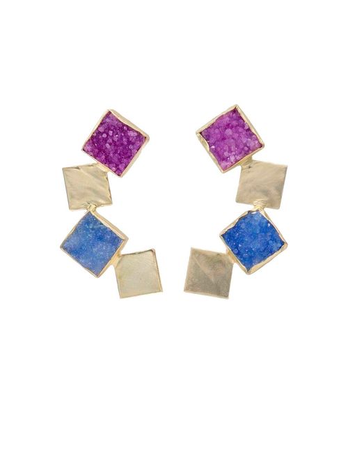 Long geometric earrings in shades of blue and fuchsia