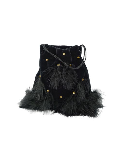 Black velvet handbag with feathers and sequins