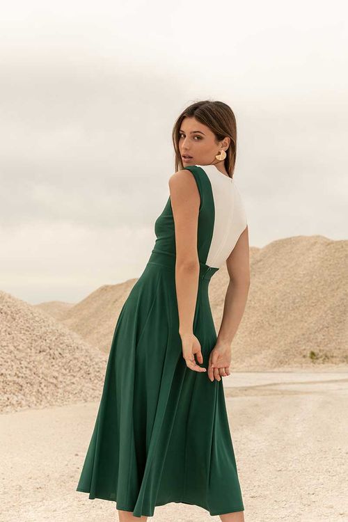 Two-tone midi party dress in green and white