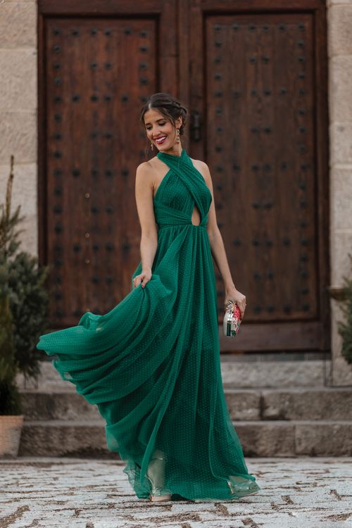 Long plumeti dress with crossed halter neckline and central opening - PERFECT INVITATION