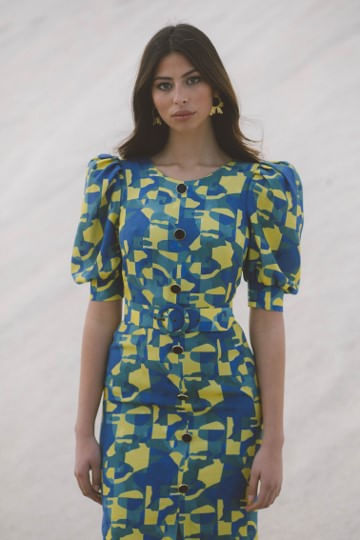 Geometric print jacquard midi dress with belt