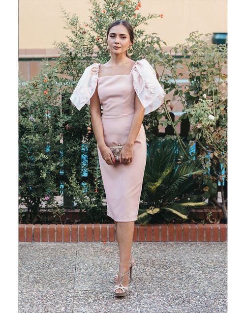 Tight pink cocktail dress with short brocade sleeves