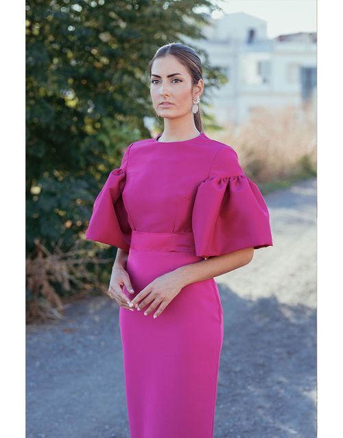 Satin cocktail dress with short puff sleeves and low back