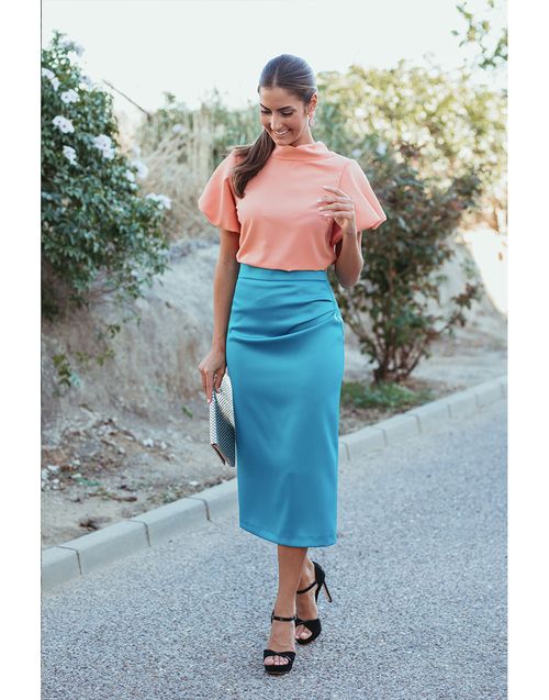 Coral top and blue satin midi skirt set