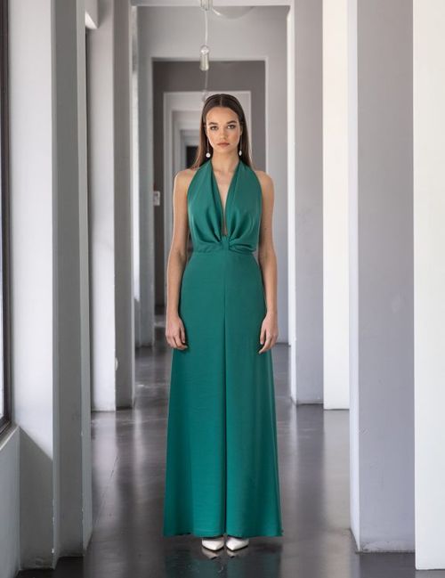 Long emerald green party dress with halter neckline