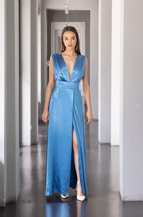 Long blue party dress with plunging neckline and opening