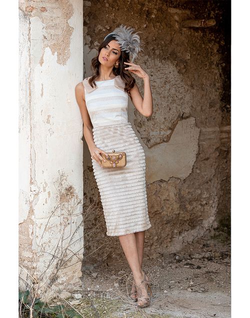Beige Sleeveless Cocktail Dress with Fringed Skirt and Shoulder Tie