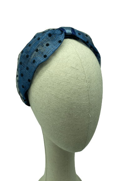 Blue sinamay headband with black plumeti tulle