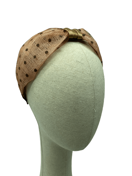 Stick pink sinamay headband with chocolate brown plumeti tulle
