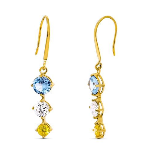 Long yellow gold earrings with three blue, white and green zircons