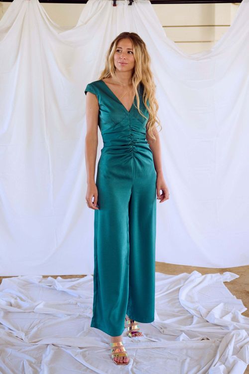 Emerald Green Party Jumpsuit with Short Sleeves and Backless