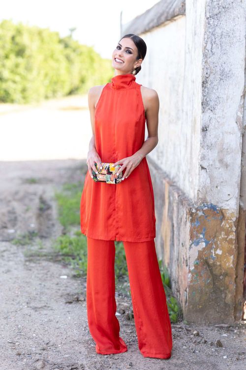 Long pants and blouse with halter neckline set