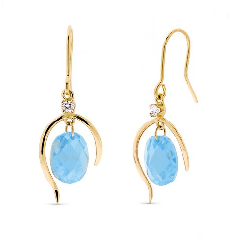Long gold earrings with aquamarine and zircons