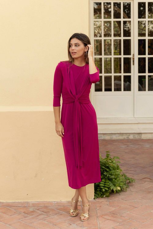 Fuchsia knit midi party dress with central knot