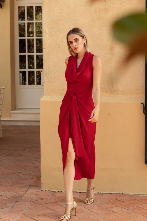 Midi party dress with draped neckline and central knot