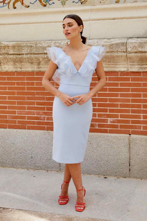 Light Blue Midi Prom Dress With Organza Tiered Neckline