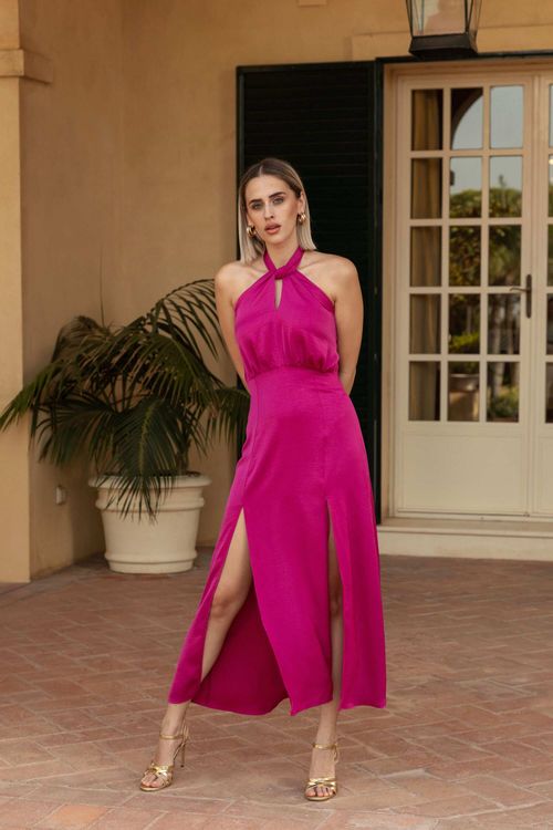 Midi dress with halter neckline and double opening