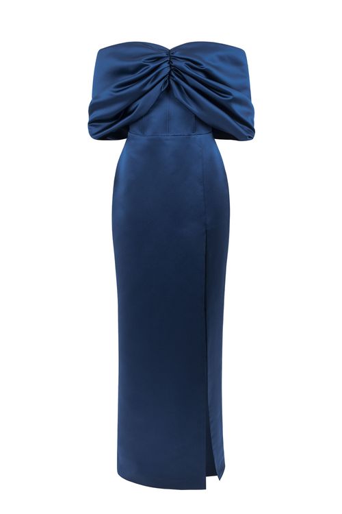 Long dress with navy blue bandeau neckline with slit in the skirt
