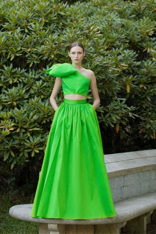 Falda de fiesta larga verde con bolsillos