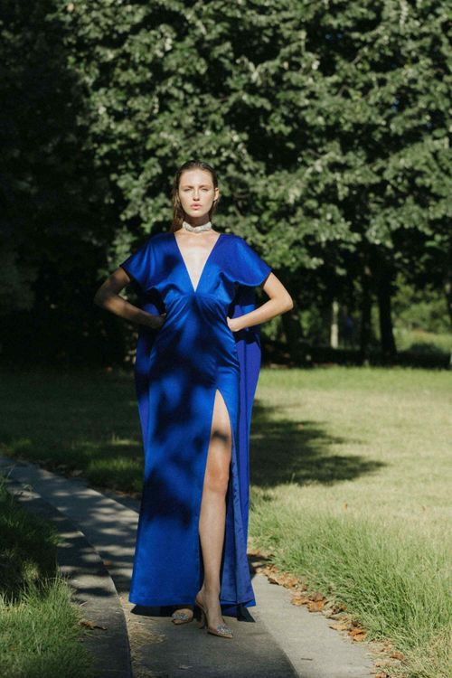 Long cobalt blue satin dress with multiposition neckline
