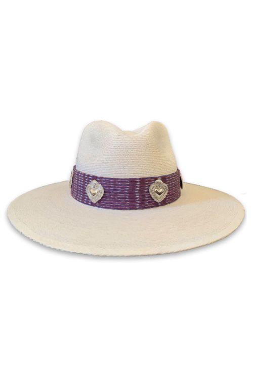 Rigid palm hat with purple rebozo ribbon and brass heart