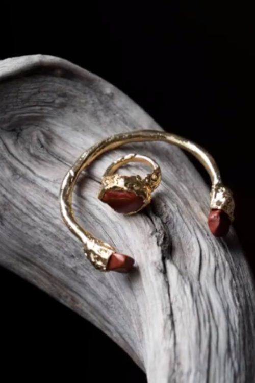 Silver bracelet with 18k gold plating and red natural stone