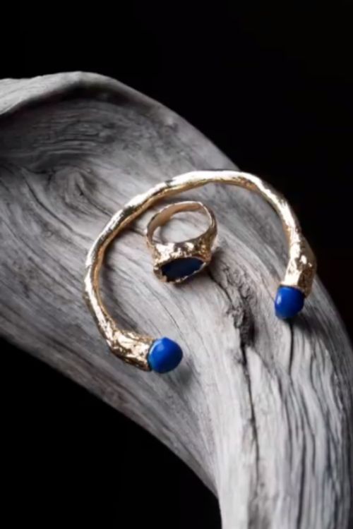 Silver ring with 18k gold plating and blue natural stone
